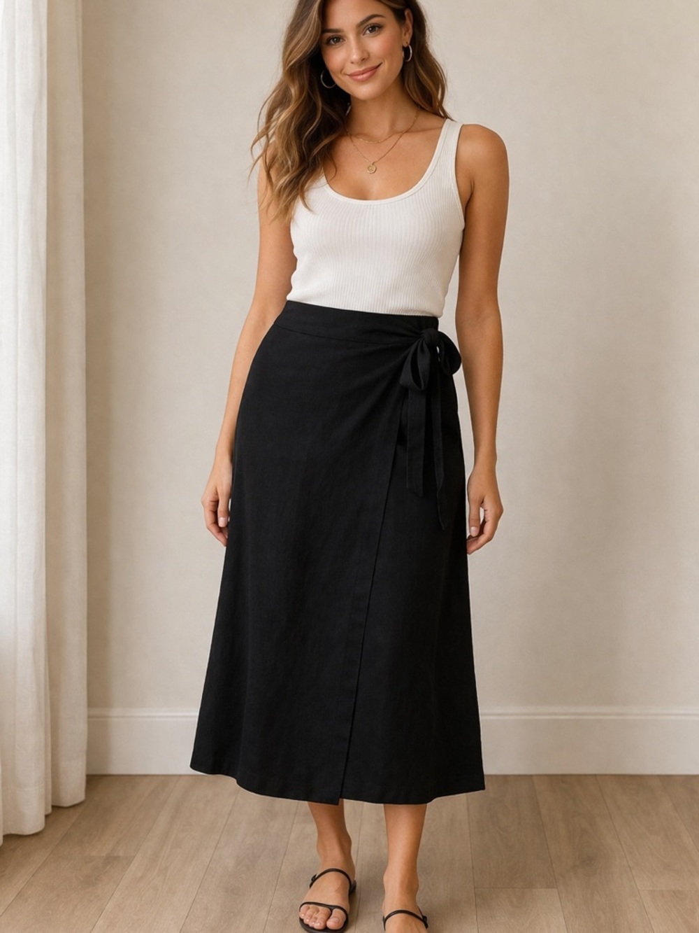 Ophelia Roe Black Wrap Skirt Size M Rayon Blend Tie Waist Midi